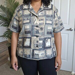 NWT Line Two landscape / Hawaiian scenery button down short sleeve top
